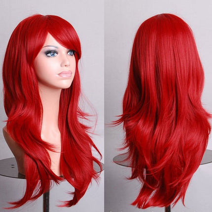70cm Wavy Curly Sleek Full Hair Lady Wigs w Side Bangs Cosplay Costume Womens, Red.