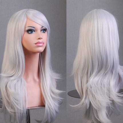 70cm Wavy Curly Sleek Full Hair Lady Wigs w Side Bangs Cosplay Costume Womens, Silver.