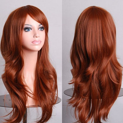 70cm Wavy Curly Sleek Full Hair Lady Wigs w Side Bangs Cosplay Costume Womens, Brown.