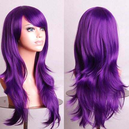 70cm Wavy Curly Sleek Full Hair Lady Wigs w Side Bangs Cosplay Costume Womens, Black.