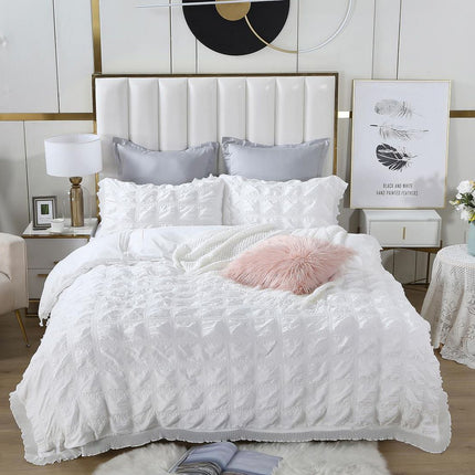 Ruffles Textured Jacquard King Size white Duvet Quilt Cover Set.