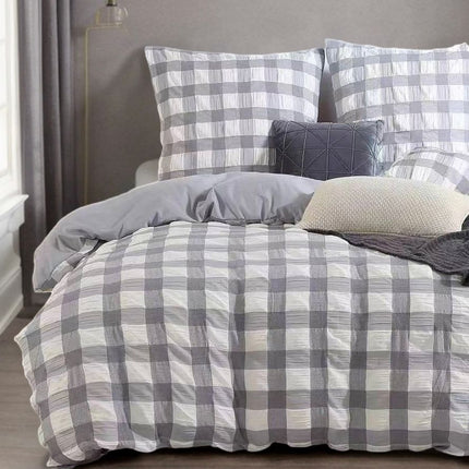 Rylee Grey Check Seersucker Quilt Cover Set - King Size.