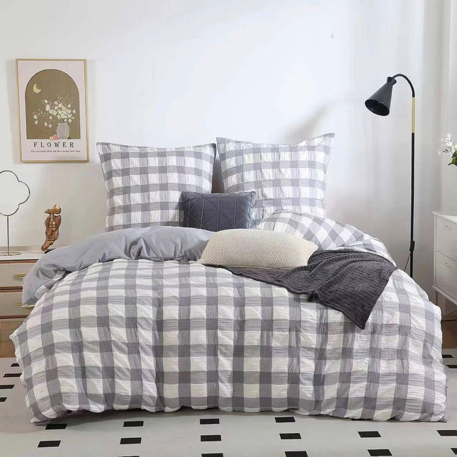 Rylee Grey Check Seersucker Quilt Cover Set - Super King Size.