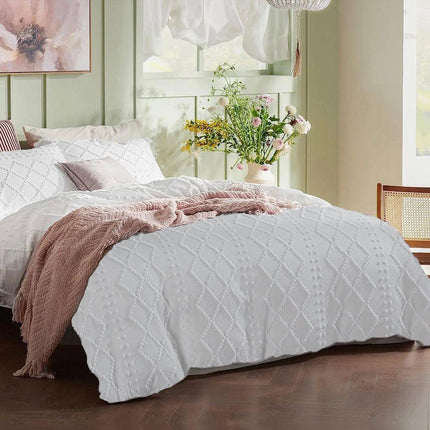 Tufted Boho Embroidery Quilt/Doona/Duvet Cover Set - White - King Size.