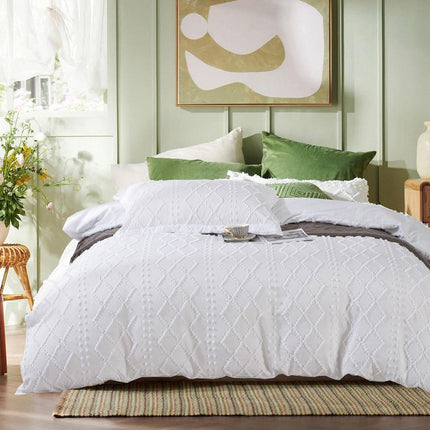 Tufted Boho Embroidery Quilt/Doona/Duvet Cover Set - White - Super King Size.