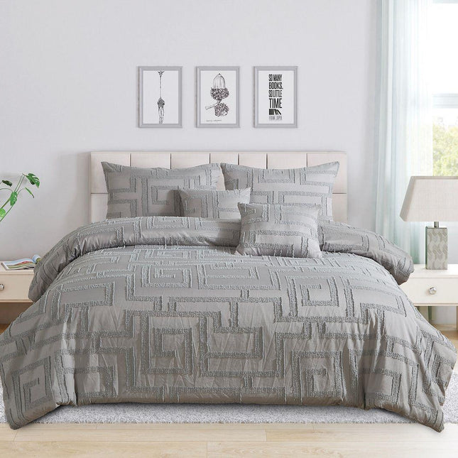 Tufted Jacquard Quilt/Doona/Duvet Cover Set - Grey - King Size.