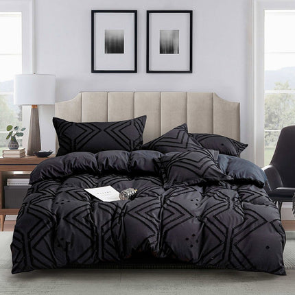 Tufted Textured Jacquard King Size Black Duvet Quilt Cover Set.