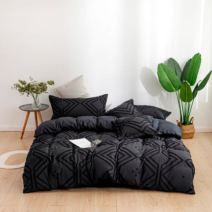Tufted Textured Jacquard King Size Black Duvet Quilt Cover Set.
