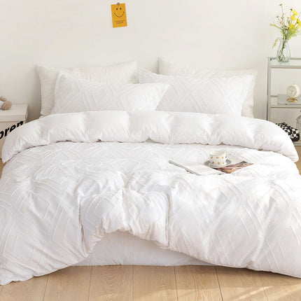 Tufted Diamond Jacquard Super King Size White Duvet Quilt Cover Set.
