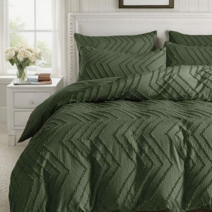 Tufted Boho Wave Jacquard Quilt Cover Set- Dark Green - Queen Size.