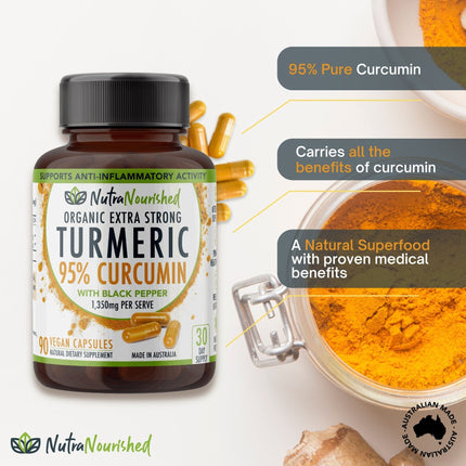 Curcumin Tablets - 95% Pure Organic Vegan - Turmeric Extract Buffered with Black Pepper (1,350mg) - 90 Vegan Capsules.
