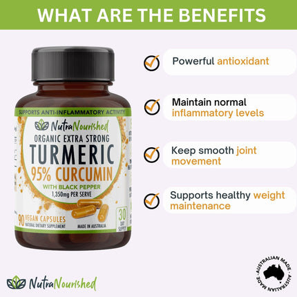Curcumin Tablets - 95% Pure Organic Vegan - Turmeric Extract Buffered with Black Pepper (1,350mg) - 90 Vegan Capsules.