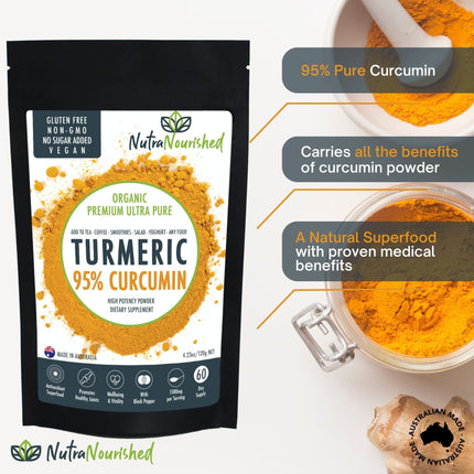 Pure Organic 95% Curcumin Powder (120g/2 months supply) - 1500mg of Turmeric Extract Buffered with Black Pepper.