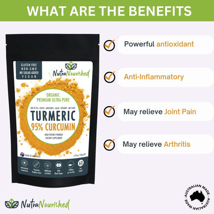 Pure Organic 95% Curcumin Powder (120g/2 months supply) - 1500mg of Turmeric Extract Buffered with Black Pepper.