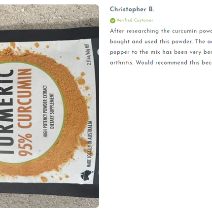 Pure Organic 95% Curcumin Powder (60g/1 month supply) - 1500mg of Turmeric Extract Buffered with Black Pepper.