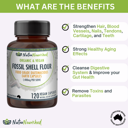 Fossil Shell Flour Capsules (vegan)- Food Grade Diatomaceous Earth 120 caps.