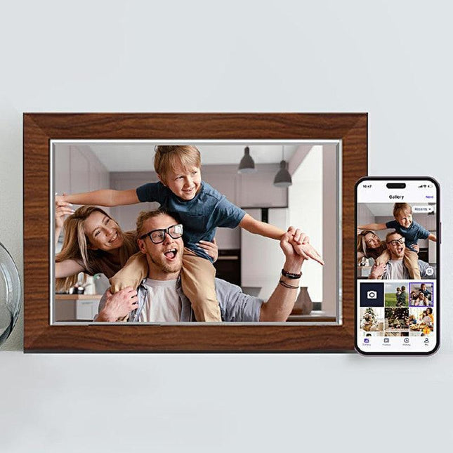 10.1 Inch Digital Picture Frame - 1280 * 800 HD WiFi Enabled with Load from Phone Capability, 32GB Memory Touch Screen  Photo  Display Brown.