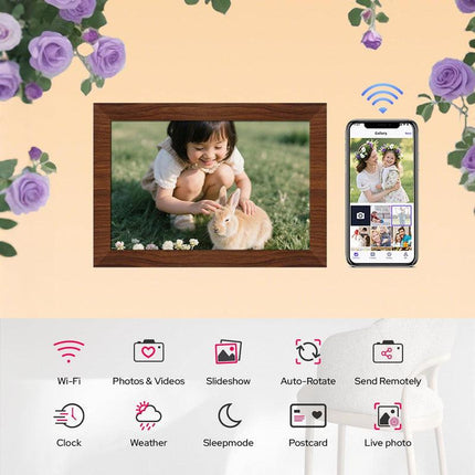 10.1 Inch Digital Picture Frame - 1280 * 800 HD WiFi Enabled with Load from Phone Capability, 32GB Memory Touch Screen  Photo  Display Brown.
