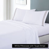 soft microfibre embroidered stripe sheet set king white sheet taupe stripe.