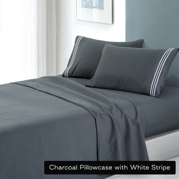 soft microfibre embroidered stripe sheet set king single charcoal pillowcase white stripe.