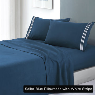 soft microfibre embroidered stripe sheet set king single sailor blue pillowcase white stripe.