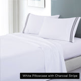 white soft microfibre sheet set with colourful embroidered stripe king charcoal stripe.