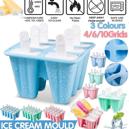 Silicone Ice Cream Mould Block Frozen Molds Icy Pole Jelly Popsicle - Blue-10Grid.