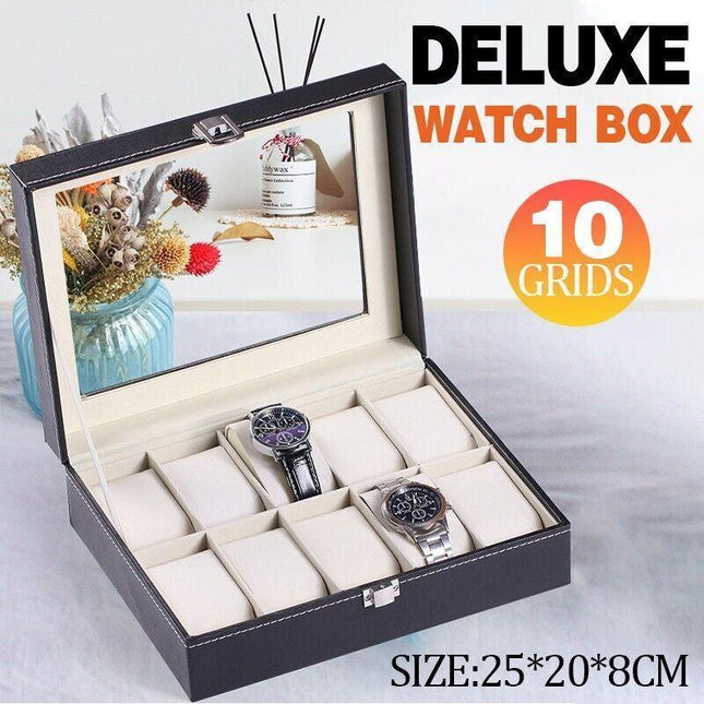 Leather Watch Jewelry Display Storage Holder Case 10 Grids Box Organizer.