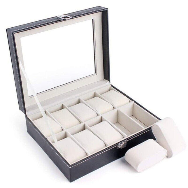 Leather Watch Jewelry Display Storage Holder Case 10 Grids Box Organizer.