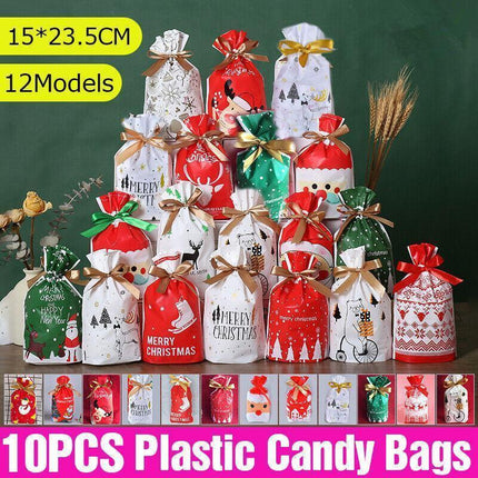 10pcs Christmas Candy Bags Gift Treat Drawstring Pouches Biscuit Cookie Packaging - 10Pcs Bag-Merry Christmas.