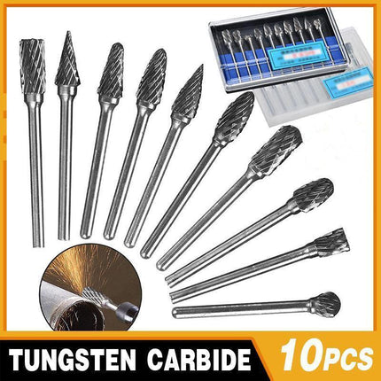 10PCS Tungsten Carbide Rotary Burr Set for Rotary Tools and Dremel - Plastic Box.