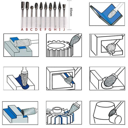 10PCS Tungsten Carbide Rotary Burr Set for Rotary Tools and Dremel - Plastic Box.
