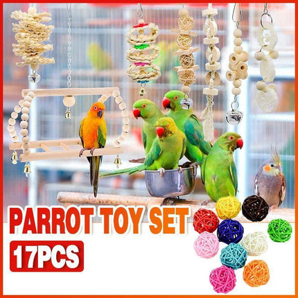 17PCS Bird Toys Parrot Swing Toys Chewing Hanging Bell Cockatiel Cage Toy Set.