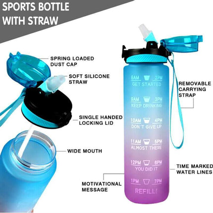1L Water Bottle Motivational Drink Flask With Time Markings Bpa Free Sport Gym - Red+Blue.