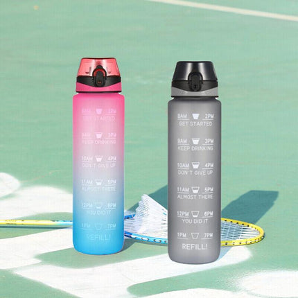 1L Water Bottle Motivational Drink Flask With Time Markings Bpa Free Sport Gym - Red+Blue.