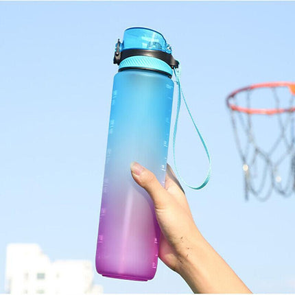 1L Water Bottle Motivational Drink Flask With Time Markings Bpa Free Sport Gym - Red+Blue.