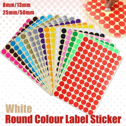 8/13/25/50mm Colour Sticker Dots Adhesive Round Labels Circular Scrapbooking White - 8mm 260 Dots - 1 Sheet.