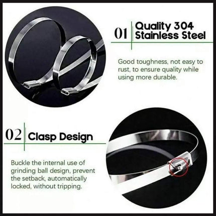 100x Stainless Steel Cable Ties SS304 Marine Grade Zip Strap Locking Wrap 100-800mm - 4.6*100mm.