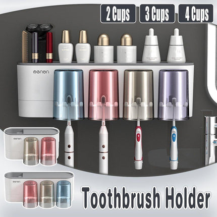 Bathroom Wall Mounted Toothbrush Holder Toothpaste Stand Storage Rack With Cup - Three Cups Set.