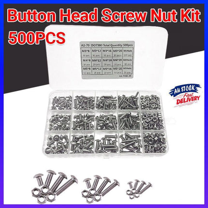 500x M3/M4/M5 Stainless Steel Hex Socket Button Head Bolts Screws Nuts Kit.