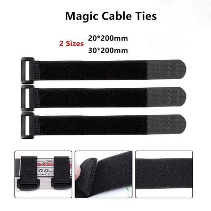 Magic Cable Ties Reusable Winder Coded Organiser Cords Hook Loop Black - 20*300mm  10PCS.