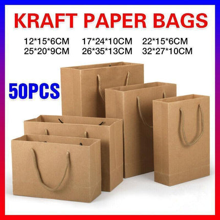 50X Kraft Paper Bags Gift Shopping Carry Craft Brown Bag With Handles - 50PCS  22*15*6CM.