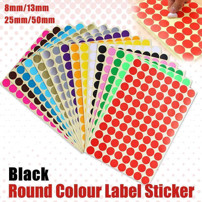 8/13/25/50mm Colour Sticker Dots Adhesive Round Labels Circular Scrapbooking Black - 13mm 132 Dots - 5 Sheets.