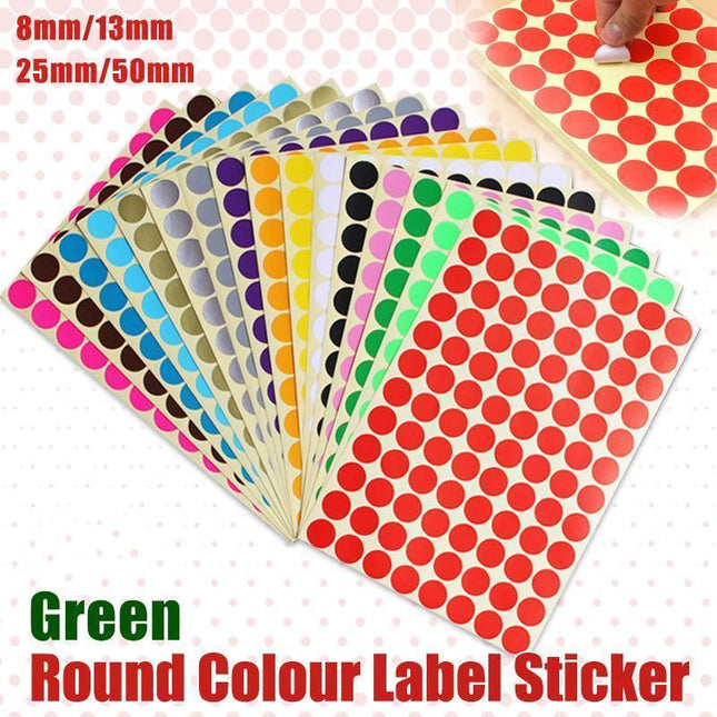 8/13/25/50mm Colour Sticker Dots Adhesive Round Labels Circular Scrapbooking Green - 13mm 132 Dots - 5 Sheets.