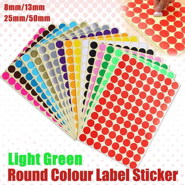 8/13/25/50mm Sticker Dots Adhesive Round Labels Circular Scrapbooking Light Green - 25mm 40 Dots - 5 Sheets.