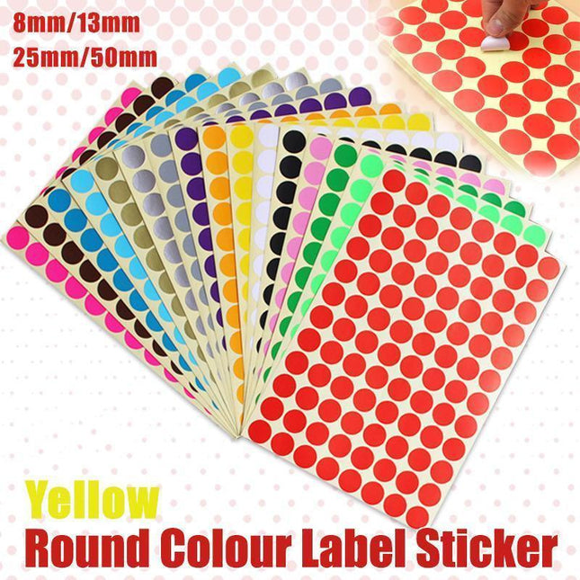8/13/25/50mm Colour Sticker Dots Adhesive Round Labels Circular Scrapbooking Yellow - 50mm 8 Dots - 5 Sheets.