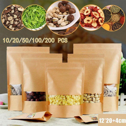 10x 12*20+4cm Stand Up Bag Kraft Paper Seal Packaging Window Zip Lock Pouch - 10 PCS.
