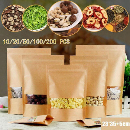 10-200x 23*35+5cm Stand Up Bag Kraft Paper Seal Packaging Window Zip Lock Pouch - 50 PCS.