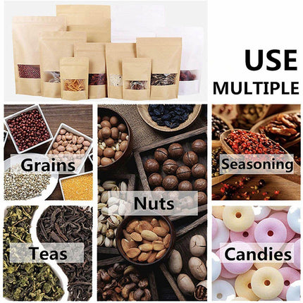 10-200x 23*35+5cm Stand Up Bag Kraft Paper Seal Packaging Window Zip Lock Pouch - 50 PCS.
