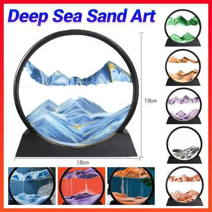 Moving Sand Art Picture Round Glass Quicksand Painting 3D Deep Sea Sandscape Au - Black.